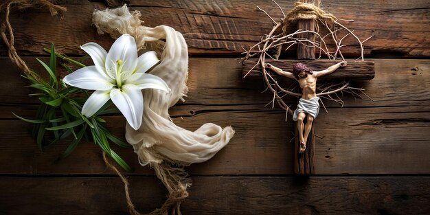 Foto lilienblume und dornenkrone mit holzkreuz