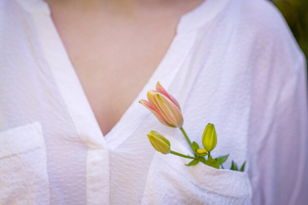 Lilienknospen in der Tasche einer weißen Bluse auf der Brust eines Mädchens.