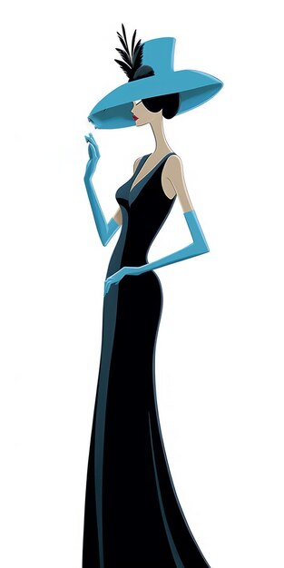 Foto lily aldridge com vestido azul e chapéu de penas, estilo tex avery.