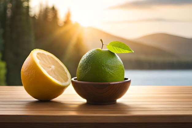 Una lima y medio limón se sientan en una mesa de madera.