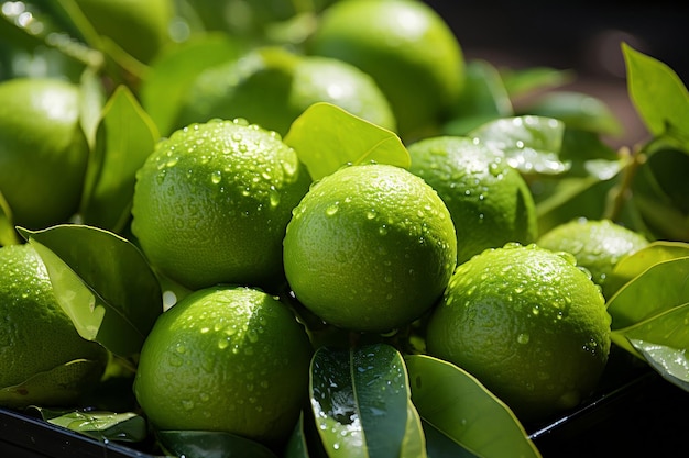 Lima verde fresca en la canasta naranjas realistas Foto generada por AI