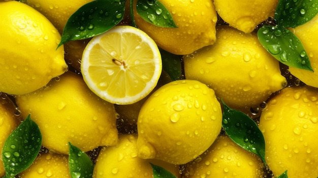 Limão fresco sem costura de fundo com gotas brilhantes de água Generative ai