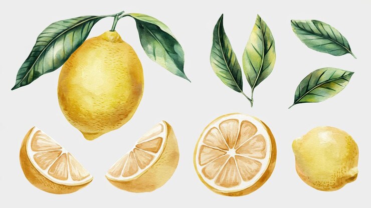 Limão maduro e fatia de limão flores de limão ramo e folhas ilustração de limão aquarela