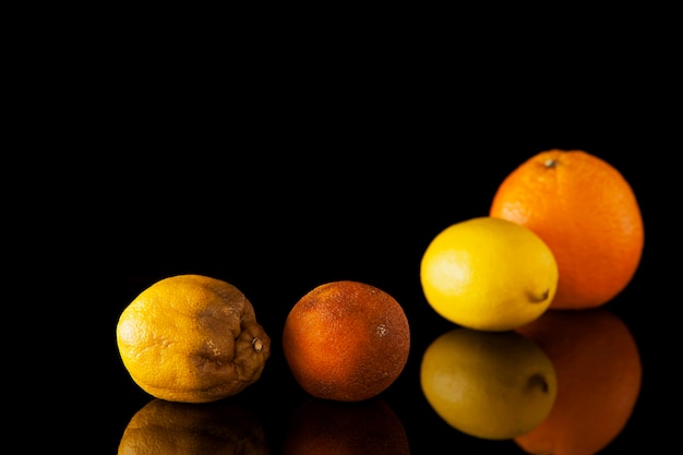 Limão podre e laranja estragada em um fundo desfocado de frutas cítricas frescas.