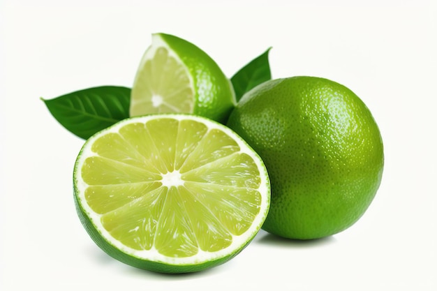 Limão verde com corte ao meio e fatias isoladas em fundo branco Generative AI