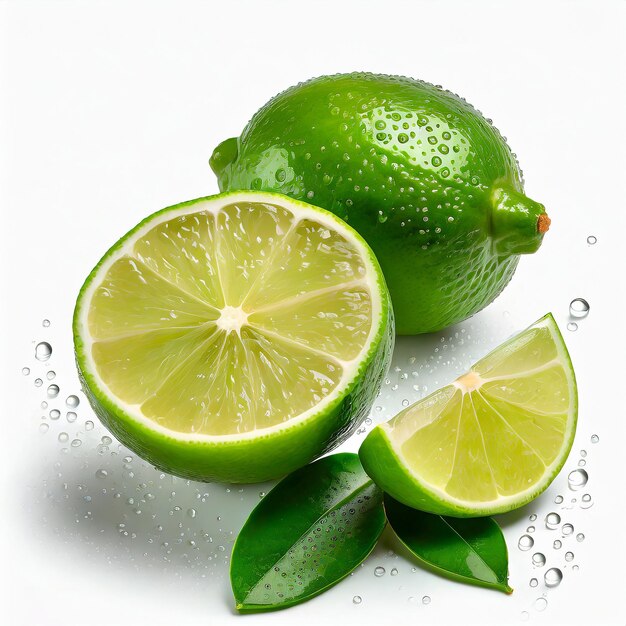 Limão verde com fatias cortadas ao meio e isoladas em fundo branco