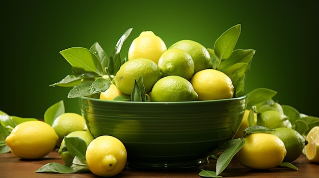 Limão verde fresco em uma tigela sobre fundo verde