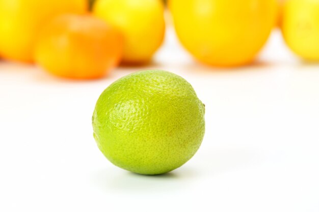 Limão verde no espaço de diferentes frutas cítricas no espaço em branco