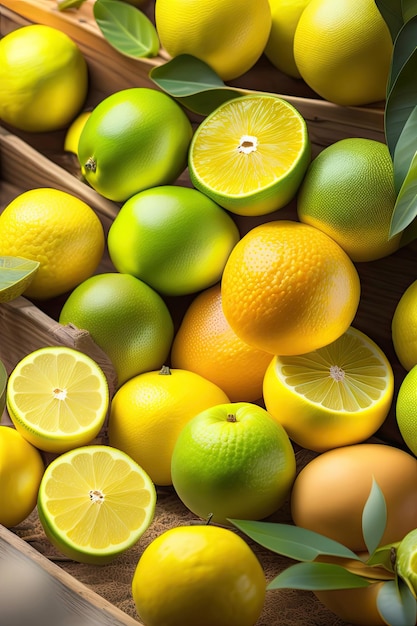 Limas frescas cosechando limas verdes y amarillas pila de frutas en primer plano de granja orgánica