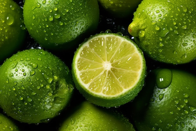 Limas frescas con gotas de agua sobre fondo negro Cerrar Ai generado