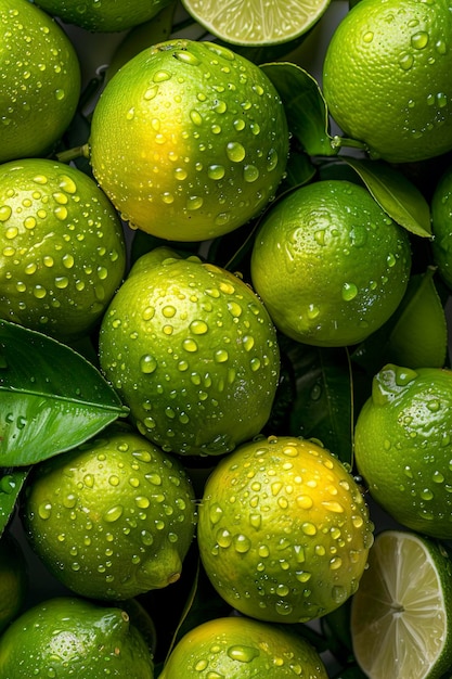 Foto limas frescas maduras con gotas de agua como fondo