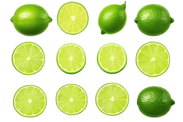 Limas o limones verdes inmaduros aislados sobre fondo blanco transparente cítricos enteros y rebanadas planas vista desde arriba