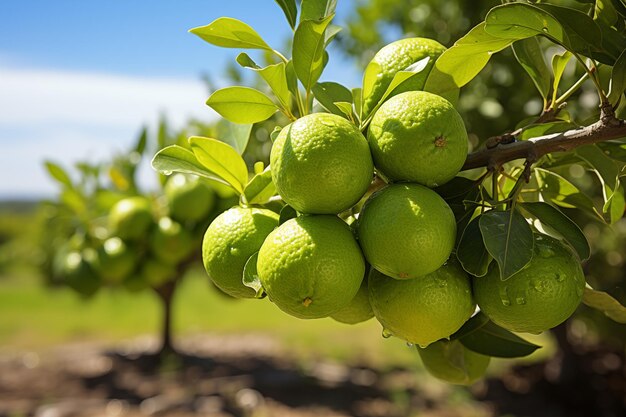 Limas verdes frescas colgando de un árbol