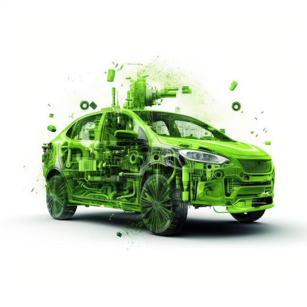 Lime Green Rorschach Blot erforscht die komplizierte Mechanik eines modernen Elektroautos mit freiliegendem E