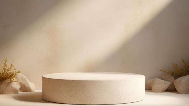 Limestone Abstract Minimalistic Product Podium O cenário para apresentação do produto Sala 3D com plataforma geométrica Pedestal de palco gerado por IA Maquete de pódio para um anúncio de produto