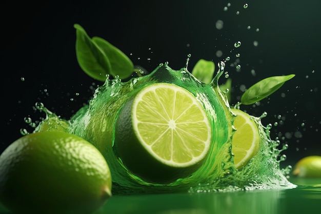 Limettenfruchtscheibenblätter und grüner Saft spritzen Ai Mojito-Getränk