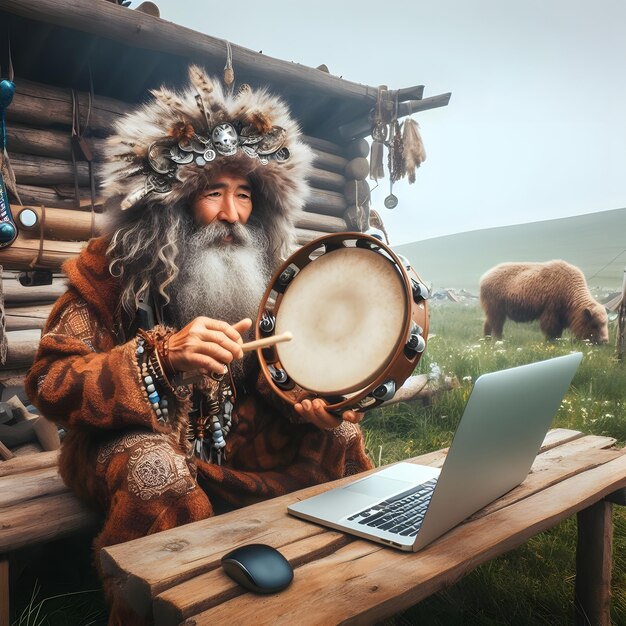 Foto en los límites sagrados del santuario de los chamanes un líder espiritual yakut está cerca de una computadora portátil