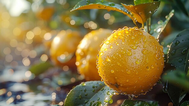 Limões amarelos frescos pendurados em um galho em um jardim de frutas cítricas com gotas de água nas frutas