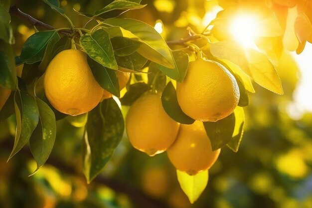 Limões amarelos maduros em limoeiro Frutas cítricas frescas com folhas verdes