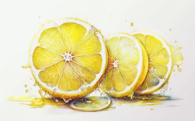 Limões desenhados em ilustrações de alimentos orgânicos de frutas tropicais em aquarela de fundo branco geradas por ai