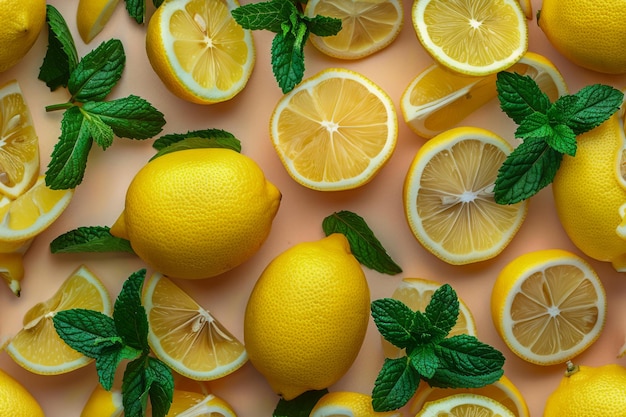 Limões frescos inteiros e cortados em fatias com folhas de hortelã em fundo pastel padrão de frutas cítricas para