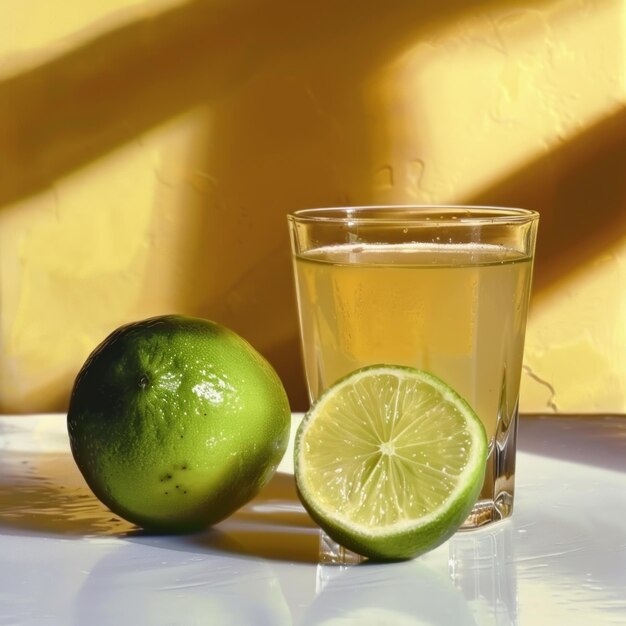 Foto un limón al lado de un vaso de jugo de limón foto de comida mexicana colorida