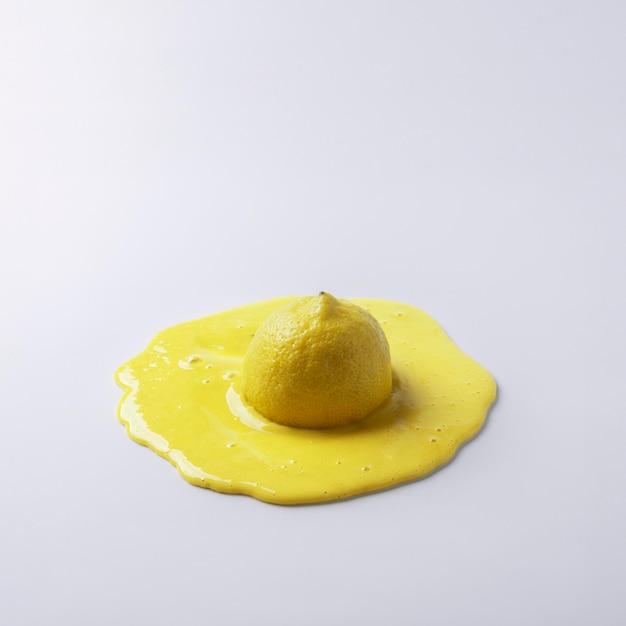 El limón amarillo se derrite contra un fondo gris Concepto de fruta creativa
