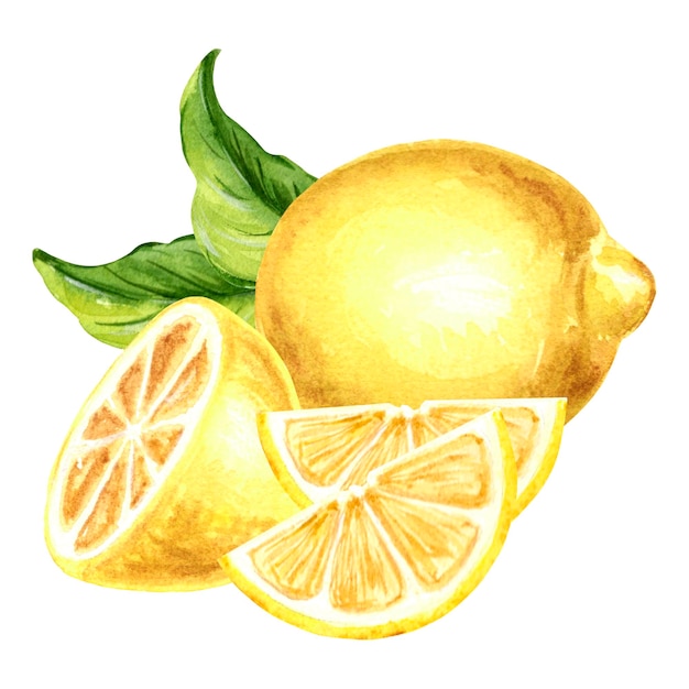 Limón amarillo entero con medias rebanadas y hojas verdes Ilustración de acuarela dibujada a mano aislada