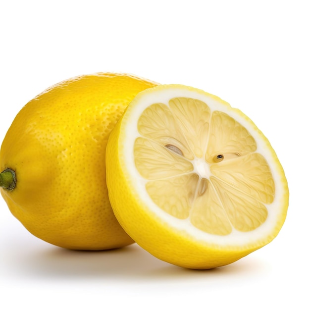 Un limón con cáscara amarilla y cortado por la mitad.