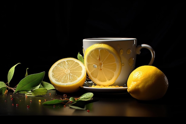 el limón fresco se encuentra con el té en una taza junto a una rodaja de limón