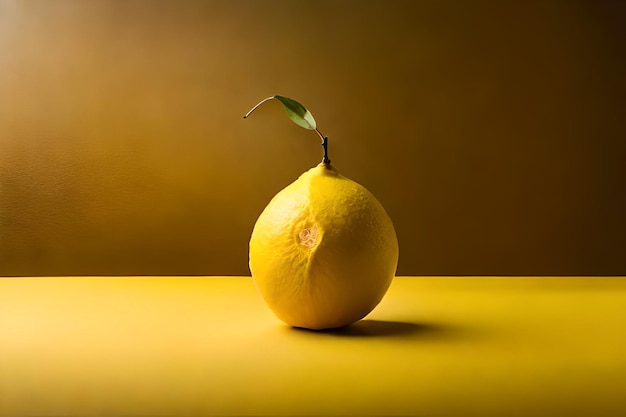 Un limón con una hoja está sobre una mesa amarilla.