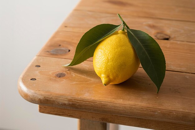 Limón con hojas en la mesa de madera