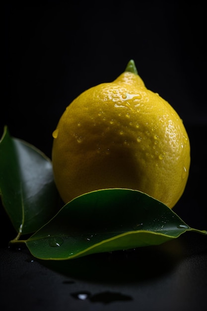 Un limón con hojas verdes