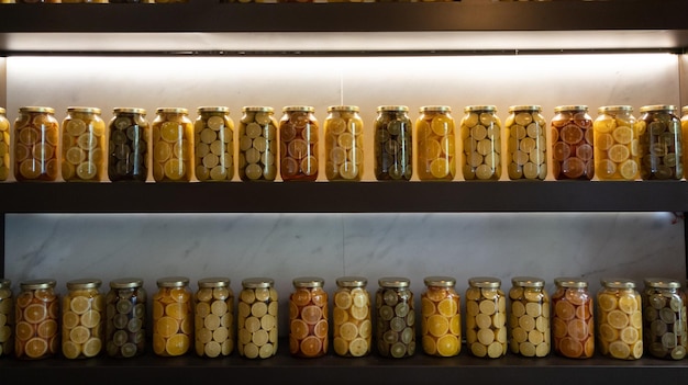 Limón, kiwi y naranja en grandes frascos de vidrio en una tienda de estantes de madera