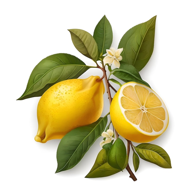 Un limón y un limón en una rama con hojas y la palabra limón.