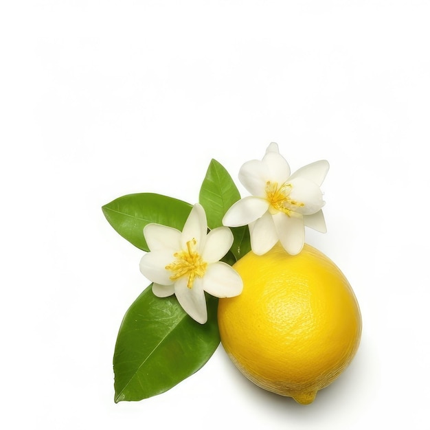 Foto un limón y un limón sobre un fondo blanco con flores.