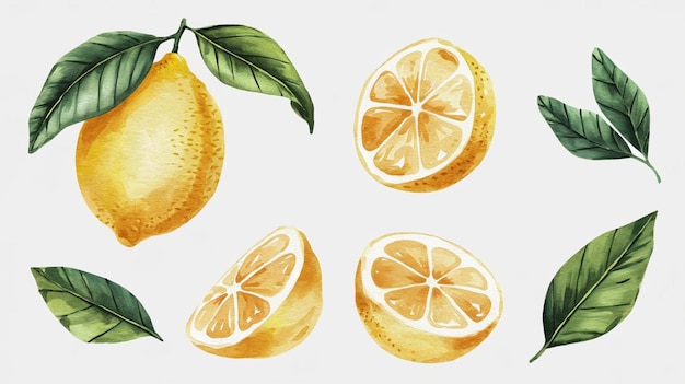 Limón maduro y rodaja de limón ramas de flores de limón y hojas acuarela ilustración de limón