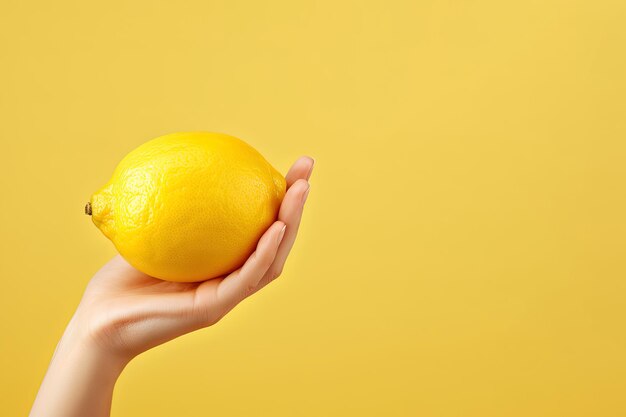 Limón en mano aislado sobre fondo amarillo con espacio de copia