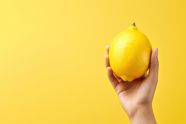 Limón en mano aislado sobre fondo amarillo con espacio de copia