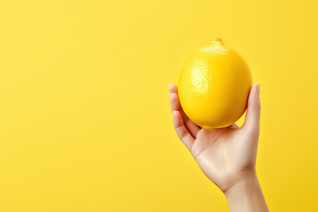 Limón en mano aislado sobre fondo amarillo con espacio de copia