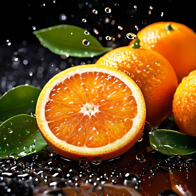 limón naranja fresco con hojas y gota de agua ai generado