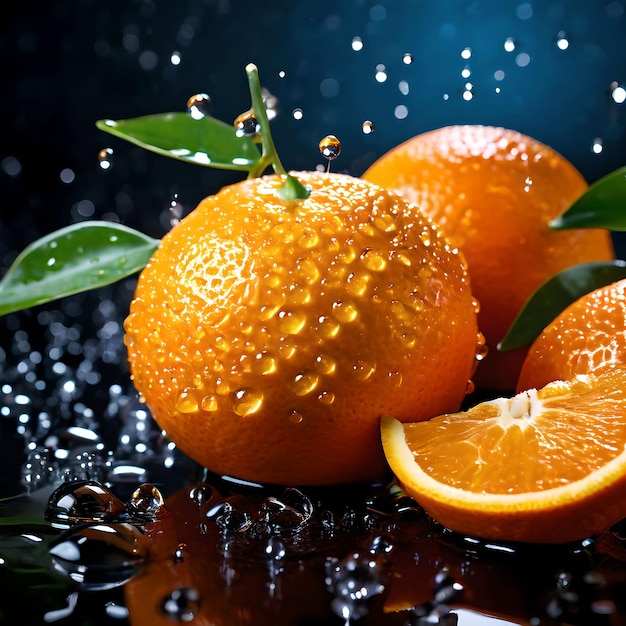 limón naranja fresco con hojas y gota de agua ai generado