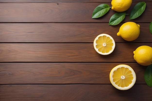 Limón y rebanada de limón sobre fondo de madera Vista superior a la generativa