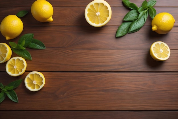 Limón y rodaja de limón sobre fondo de madera Vista superior ai generativa