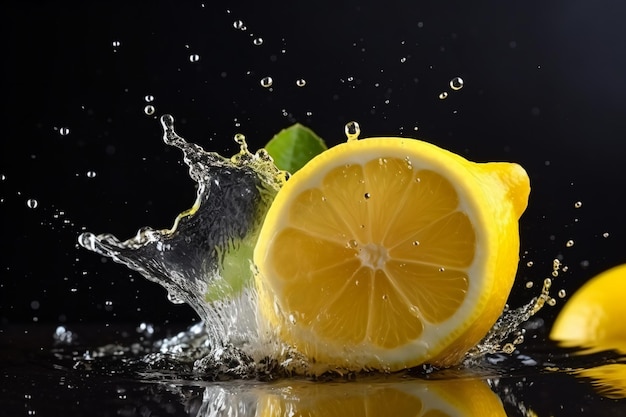 Un limón salpicando agua con una rodaja de limón