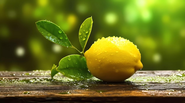 Un limón sobre una mesa de madera con hojas verdes