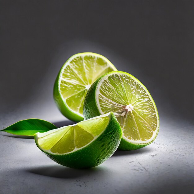 Limón verde con corte por la mitad y rebanadas aisladas sobre fondo blanco