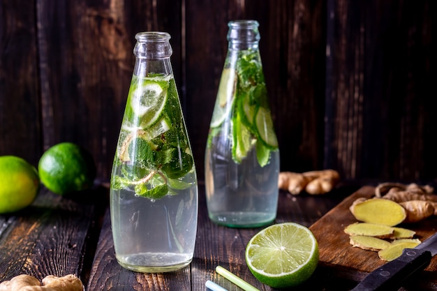 Limonada caseira com limão, hortelã e gengibre. Bebidas frias. Alimentação saudável. Dieta.