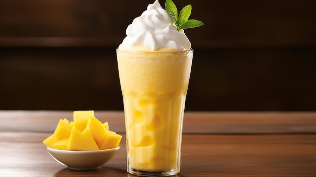 limonada de chile y mango limonada picante y dulce con rodajas de mango sobre mesa de madera