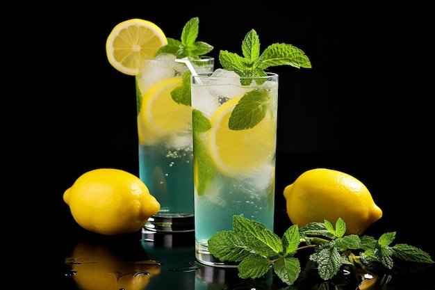 Limonada de cítricos en vaso y jarro de cítrico alrededor en tela amarilla en una mesa de madera blanca de primer plano